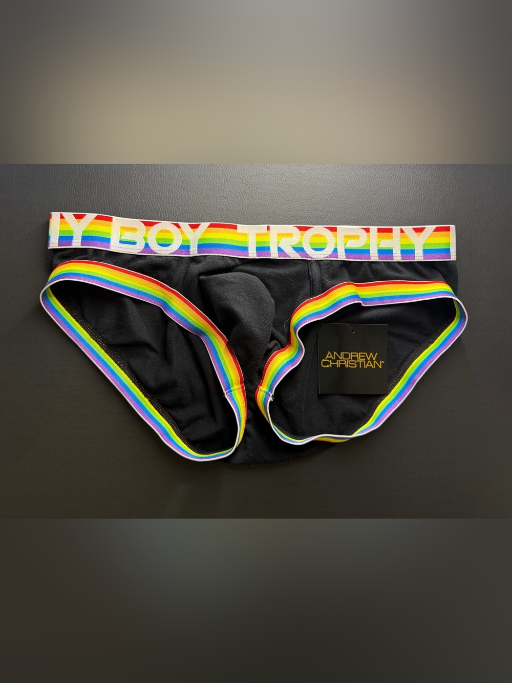 Andrew Christian Trophy Boy Pride Briefs Large Black with Rainbow Trim
